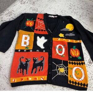 Lauren Hansen Vintage Halloween Cardigan Sweater Ghost Cat Pumpkin BOO Plus 1X